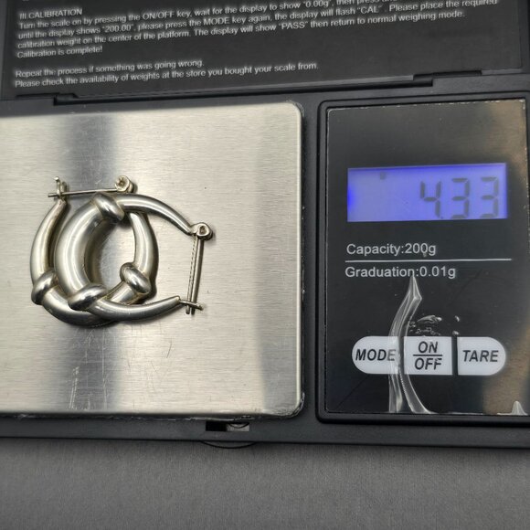 VTG Sterling Silver 925 Puffy Hoop Earrings 1.25" Knot Detail Hinged Closure - Picture 9 of 9